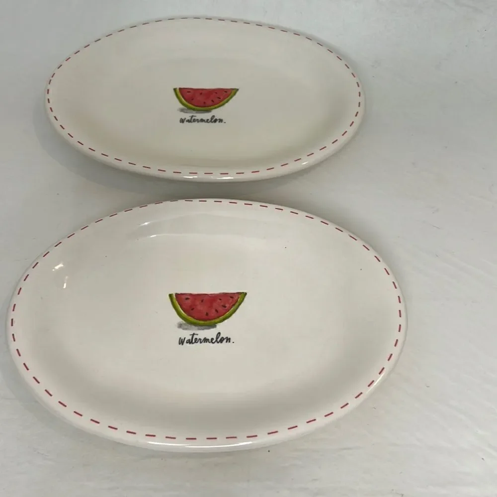 Rae Dunn Artesian Collection Watermelon Set 2 Magenta White Green Red Stitching